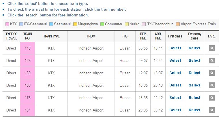 KTX time table