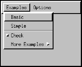 Basic,Simple,Check, 및 More Examples 이라고 하는 항목을 포함한 Examples 이라고 하는 라벨이 붙은 메뉴. Check 항목은 오프 상태의 CheckBoxMenuItem 인스턴스. 